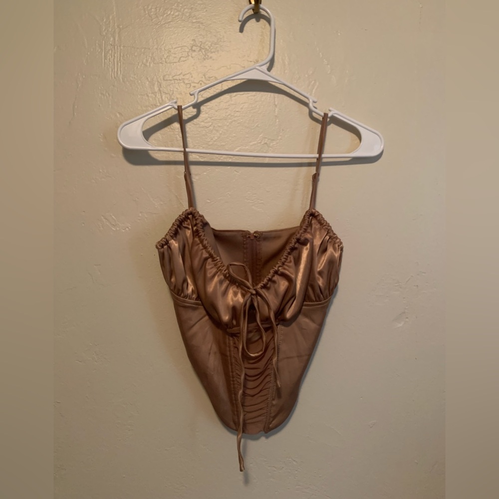 Brown metallic corset style top, unique copper color with tie at bust